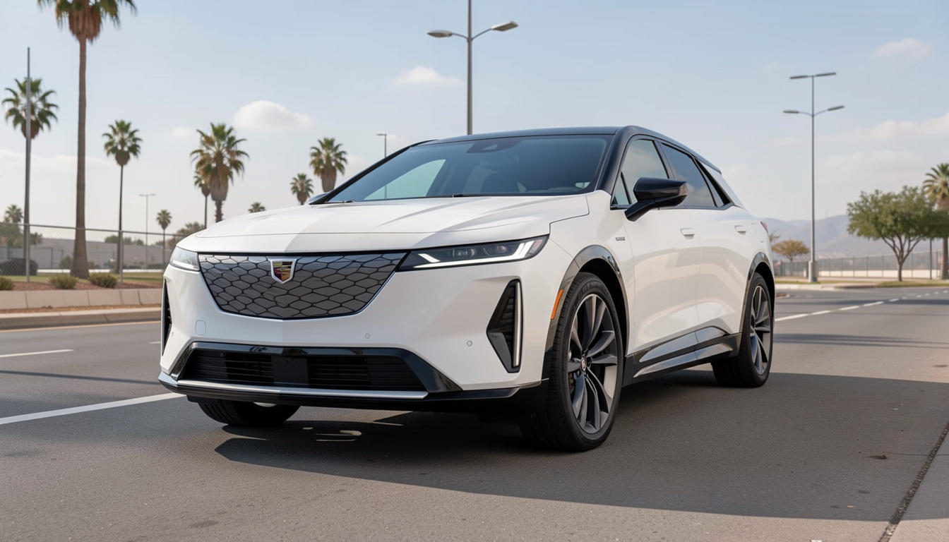 Cadillac Lyriq driving on open road with range graphics