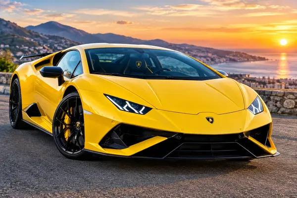 Yellow Lamborghini sports car at sunset