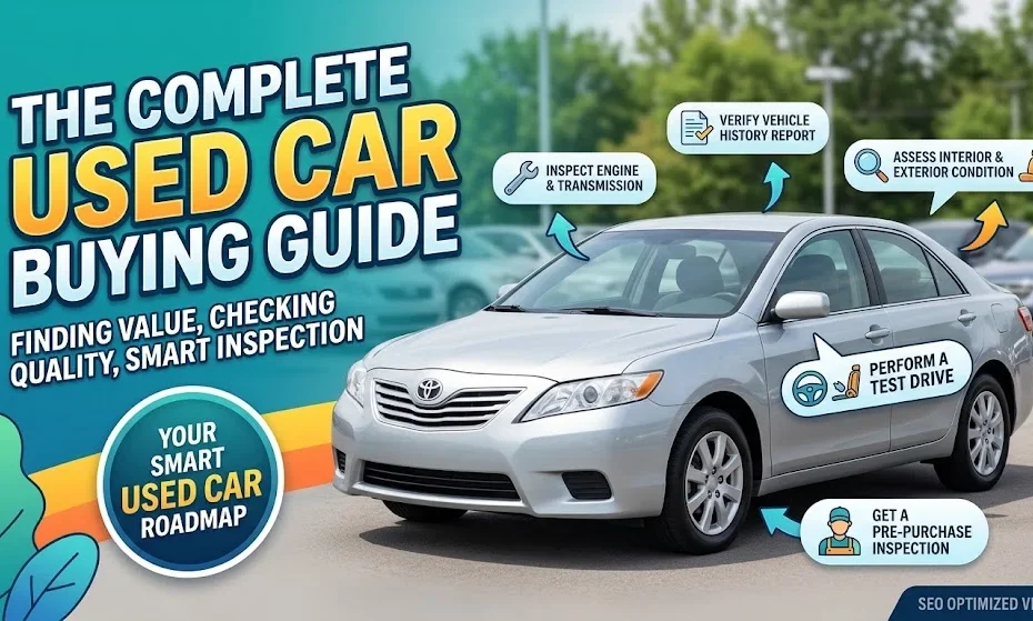 Pre-owned used car undergoing a multi-point vehicle evaluation for potential buyers.