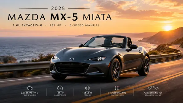 2025 Mazda MX-5 Miata convertible roadster driving on a scenic coastal road