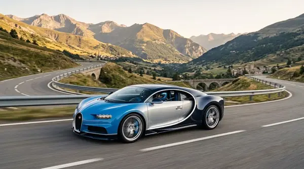 Two-tone blue and silver Bugatti Chiron driving along a winding mountain road.