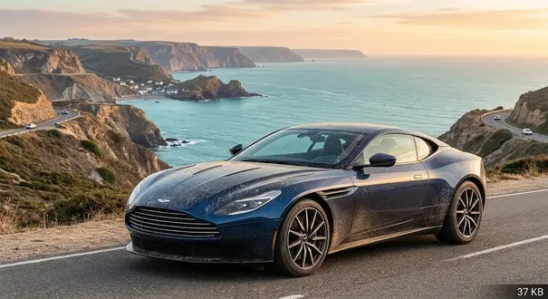 Sleek Aston Martin sports car parked along a scenic road showcasing iconic grille and luxury styling.