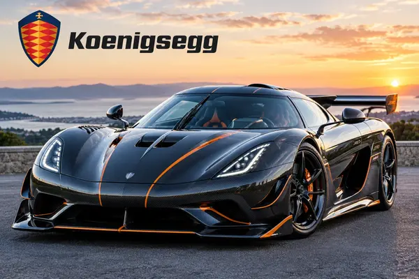 Koenigsegg hypercar parked at sunset