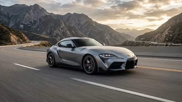 Modern Toyota GR Supra sports car parked on an open scenic highway.
