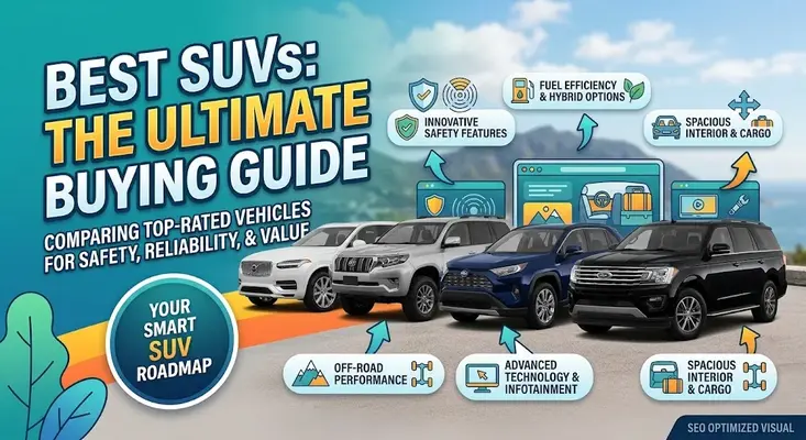 Lineup of top-rated modern SUVs parked side by side representing the best SUVs for buyers.