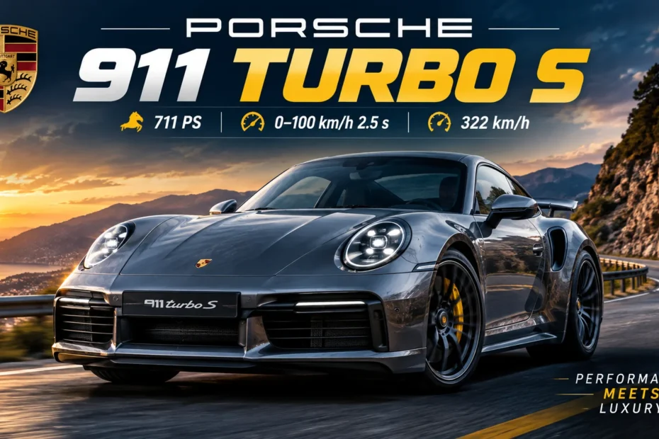 Porsche 911 Turbo S sports car on a scenic mountain road