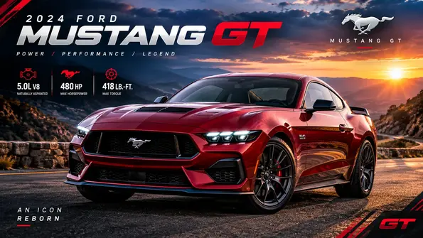 2024 Ford Mustang GT red sports car with 5.0L V8 engine on a scenic mountain road