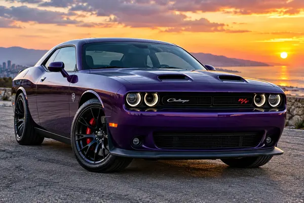 Dodge Challenger sports car at sunset