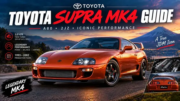 Toyota Supra MK4 A80 sports car with 2JZ-GTE engine featured in a detailed automotive guide