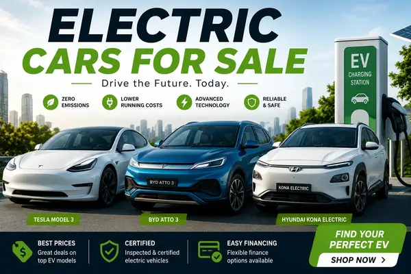Electric cars for sale at a modern EV dealership