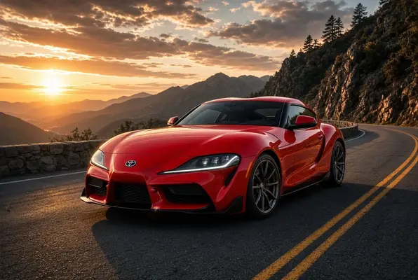 Toyota GR Supra sports car in a dynamic three-quarter view on a scenic road