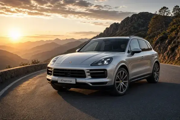 Porsche Cayenne luxury SUV in a dynamic three-quarter view on a scenic road