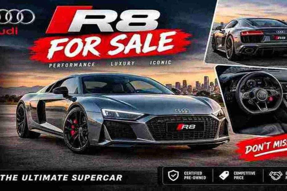 Silver Audi R8 sports car for sale with luxury interior and performance styling