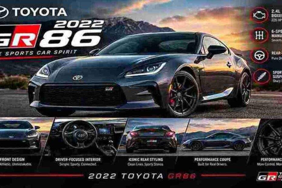 2022 Toyota GR86 dark gray sports coupe on a mountain road at sunset