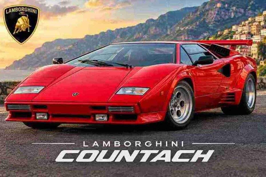 Red Lamborghini Countach classic sports car on a scenic coastal road