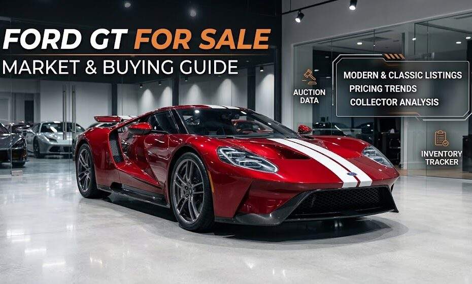 Red Ford GT supercar with dual white racing stripes and carbon fiber accents parked inside a luxury automotive showroom with graphic price banner detailing market value