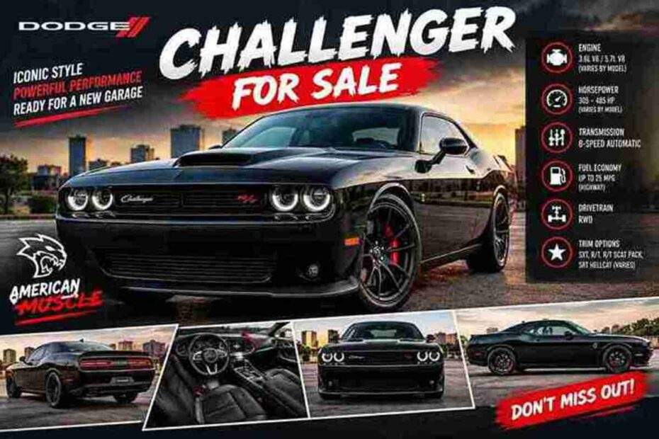 Black Dodge Challenger muscle car for sale with sporty exterior and performance styling