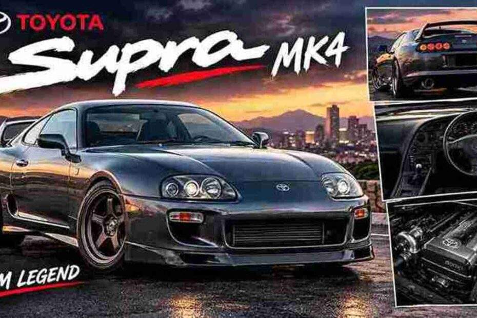 Dark gray Toyota Supra MK4 sports car showing its front design and rear spoiler at sunset.